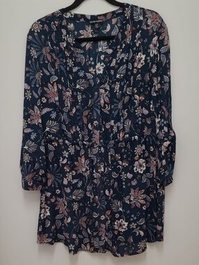 Hilary Radley Navy Floral Blouse with Pink and Coral Accents